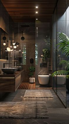 a modern bathroom with wood and glass walls, floor to ceiling windows, potted plants on the side of the bathtub