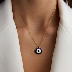 14K Real Solid Yellow Gold Enamel Evil Eye Minimalist Pendant Dark BlueNavy-White Circle Design Chain Gift for Women Valentine's Day Dainty Various talismans have been used in many cultures to protect them from the harms of bad energy. The talisman used in most of the Eastern cultures is the evil eye. You can present the evil eye necklace to the people you want to be protected from the evil eye and your loved ones. ⓂMaterials & Specifications : Necklace Chain Length : 42 cm (16.5 in) 44 cm (17.3 Everyday Blue Tarnish-resistant Jewelry, Sapphire Necklace With Adjustable Chain, Blue Enamel Jewelry With Adjustable Chain, Blue Pendant Charm Necklace For Everyday, Blue Pendant Charm Necklaces For Everyday, Everyday Blue Pendant Charm Necklaces, Elegant Blue Charm Necklace With Adjustable Chain, Blue Charm Necklaces With Adjustable Chain, Blue Round Charm Necklaces For Everyday