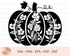 a black and white pumpkin with flowers on it, cut file for silhouette or cricut