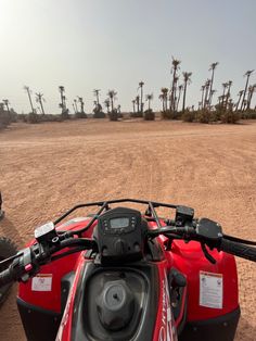 a red motorcycle parked on top of a dirt road next to palm tree covered field