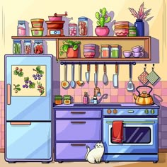 a kitchen scene with an oven, refrigerator and shelves filled with pots and pans