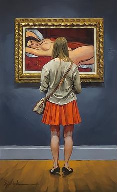 a painting of a woman in an orange skirt looking at a large nude female on a blue wall