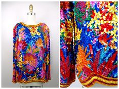 "This is another sparkling piece of vintage glam! It's fully hand embellished with colorful sequins and beading and in excellent condition! Measurements: Bust - 44\" Waist - 38\" Shoulders - 17\" Sleeves - 26\" Length - 27\" Tag Size - XL All of my items come from a smoke-free and pet-free home. If you have any questions, please don't hesitate to ask!" Multicolor Embellished Sequin Fabric For Festive Season, Multicolor Festive Sequin Fabric, Bead Sewing, Oleg Cassini, Vintage Couture, Beaded Gown, Vintage Glam, Beaded Top, Couture Gowns