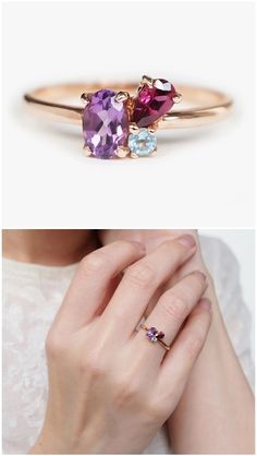 Diamond Ring With Birthstones, 3 Stone Birthstone Ring, Multi Birthstone Ring, 3 Gemstone Ring, Three Gemstone Ring, Multiple Gemstone Rings, Two Gemstone Ring, Unique Mothers Rings, Birthstones Ring