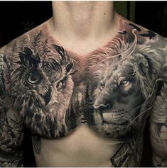 a man with tattoos on his chest and chest is wearing an owl and lion tattoo