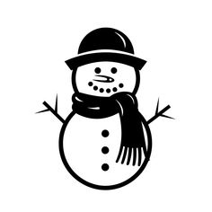 a black and white snowman with a hat on it's head, wearing a scarf