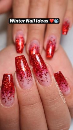 Red Ombre Sparkle Nails, Red Glitter Tips Acrylic Nails, Red French Fade Nails, Ombre Red Glitter Nails, Christmas Ombre Nails Acrylic, Sparkle Red Christmas Nails, Red Nail Designs Ombre, Red Nails Ideas For Wedding, Christmas Wedding Nails Bridesmaid