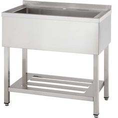 a stainless steel sink with two compartments on the bottom and one shelf below it for storage