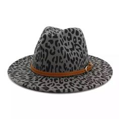 Brand New Off Gray Fedora Hat With A Brown Belt Decor Above The Brim. Black Leopard Print Design All Around The Hat. Inside Adjustable Strings High Quality Fedora Hat Winter, Trilby Fedora, Woolen Tops, Fedora Hat Men, Fedora Hat Women, Trendy Hat, Fedora Hats, Wide Brim Fedora, Wool Fedora