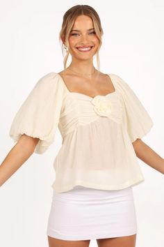 Emerson Rosette Top - Ivory - Petal & Pup USA Feminine Puff Sleeve Top With Square Neck For Spring, Feminine Spring Puff Sleeve Top With Square Neck, Elegant Puff Sleeve Top With Smocked Bodice For Spring, Feminine Square Neck Puff Sleeve Top For Spring, Elegant Smocked Bodice Top With Square Neck, Feminine Smocked Bodice Blouse With Square Neck, Feminine Smocked Top With Square Neck For Brunch, Chic White Smocked Top With Square Neck, Feminine Smocked Square Neck Top For Brunch