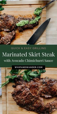 marinated skirt steak with avocado chimichurri sauce on a cutting board