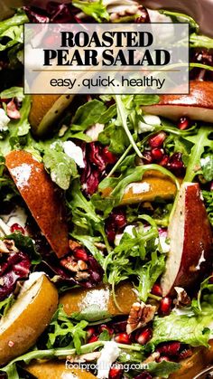 roasted pear salad with pomegranates and feta cheese in a bowl