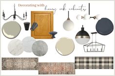 a collage of different types of lighting fixtures and rugs with text overlay that reads decorating with honey oak cabinets