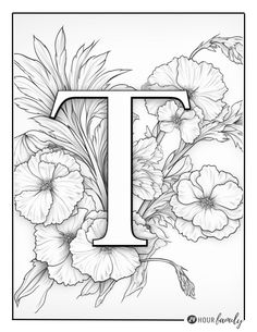 the letter i with flowers and leaves on it is outlined in black and white ink