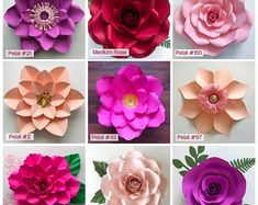 many different types of paper flowers are shown in this image, and each has one flower on it