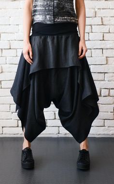 Black Asymmetric Skirt Pants/Drop Crotch Loose | Etsy Asymmetric Pants, Summer Linen Pants, Black Linen Trousers, Maxi Pants, Black Linen Pants, Asymmetric Skirt, Pants Linen, Womens Capris, Baggy Pants