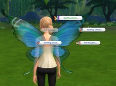 a girl with blue wings is standing in the grass and has chat bubbles on her face