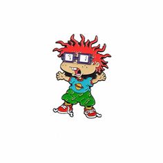 a cartoon character with red hair and glasses on his face, wearing green shorts and a blue t - shirt