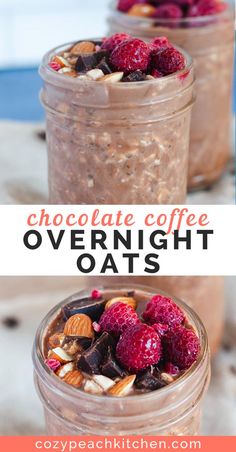 two jars filled with overnight oatmeal and topped with raspberries, almonds and chocolate