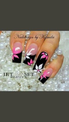 Pink And Black Nail Art, Pink Black Nails, 2023 Nails, Fingernail Designs, Black Nail Art, Cute Nail Art Designs, Pink Nail Art, Black Nail, Nail Designs Glitter