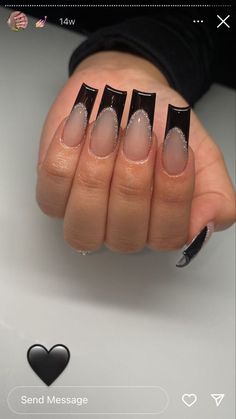 Black Frenchies Nails Long, Graduation Nails Ideas 2023 Black, Black French Tip Nails Square With Gems, Black Acrylic French Tip, Short French Nails Black, Short Black French Tip Acrylic Nails, Break Up Nails, Coffin Tips Nails, Medium Length Black Nails