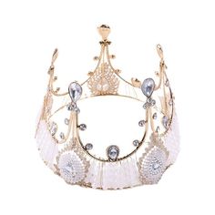 a gold tiara with white and blue beads on it's sides, set against a white background