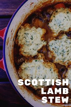 scottish lamb stew in a red pot with the words scottish lamb stew written over it