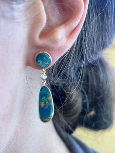 Luscious Australian Black Opal & Diamond 14k Gold Dangle Earrings  | eBay Australian Black Opal, Gold Dangle Earrings, Opal Earrings, Gold Earrings Dangle, Fine Jewellery Earrings, Black Opal, Diamond White, Jewelry Watches, Opal