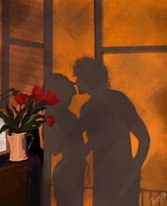 a painting of two people kissing in front of a window with the shadow of a man and woman