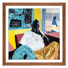 a painting of a person sitting in a chair with a black mask on his face