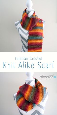 two knit scarves on top of a mannequin with text overlay that says,'tunishan crochet knit kit alke scarf '