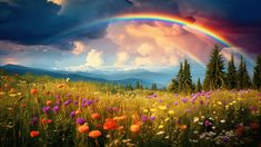 a rainbow in the sky over a field with wildflowers