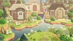 an animated landscape with houses, water and trees