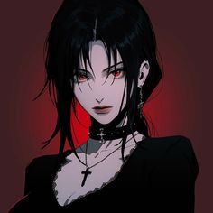 an anime character with red eyes and black hair, wearing a cross - neck top