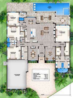 a floor plan for a house with an outdoor swimming pool