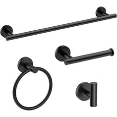 black bathroom accessories set with towel ring, toilet paper holder and two rings on the wall