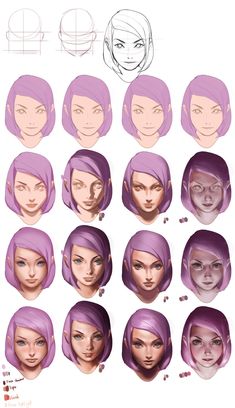 various facial expressions and hair styles for an animation character, including the head with purple hair