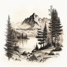 an ink drawing of a mountain lake surrounded by pine trees and mountains in the background