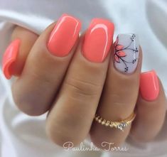 Sunner Nails Idea, Coral Nail Designs, Coral Nails With Design, Shiny Nails Designs, Sns Nails Colors, Wow Nails, Fingernail Designs, Coral Nails, Gel Nail Art Designs