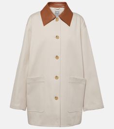 Leather-trimmed cotton jacket in beige - Toteme | Mytheresa Patchwork Jackets For Women, Fall Jacket Trends, Sneaker Trends, Waxed Cotton Jacket, Jacket Beige, Twill Jacket, Blazer Designs, Evening Jackets, Fashion People