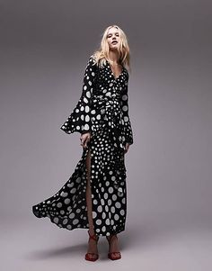 Topshop button down V-neck tie front midi dress in polka dot print | ASOS Polka Dot V-neck Midi Dress For Brunch, Fall Polka Dot V-neck Midi Dress, Fall V-neck Polka Dot Midi Dress, Chic Polka Dot Maxi Dress For Brunch, Drop Top, Print Trends, Polka Dot Print, Dot Print, Neck Tie