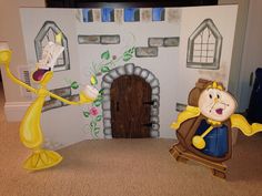 two cartoon figures are standing in front of a fake castle with a door and window