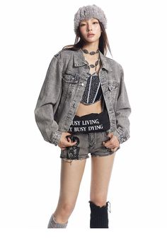 DetailsMaterial: CottonCollar: Turn-down Collar Denim Trucker Jacket, Y2k Outfits, Cozy Fits, Washed Denim, Grey Khakis, Trucker Jacket, Retro Vibe, Gray Jacket, Halloween Outfits