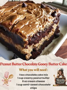 a piece of cake with chocolate frosting on it and an ad for peanut butter