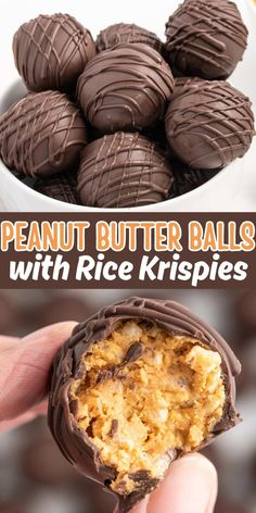 peanut butter balls with rice krispies in a white bowl and on the side, there is a hand holding one