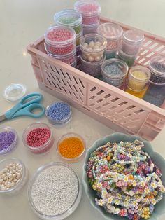 there are many different types of beads in the container