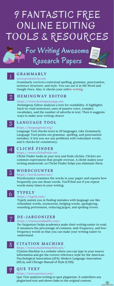 a poster with the words, 7 fantastic free online editing tools and resources for writing awesome research papers