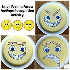 three pictures of faces made out of paper plates with the words emoj feeling faces feelings recognition activity