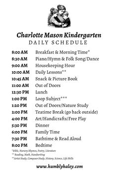 the flyer for charlotte mason kindergart's daily schedule is shown in black and white