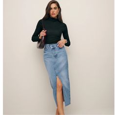 Brand New With Tags. Reformation Nila Skirt. Reformation Size 24 Reformation Layla Skirt, Slim Fit Skirts, Sustainable Denim, Denim Skirt Outfits, Long Denim Skirt, Winter 23, Denim Midi Dress, Jeans Skirt, Denim Maxi Skirt